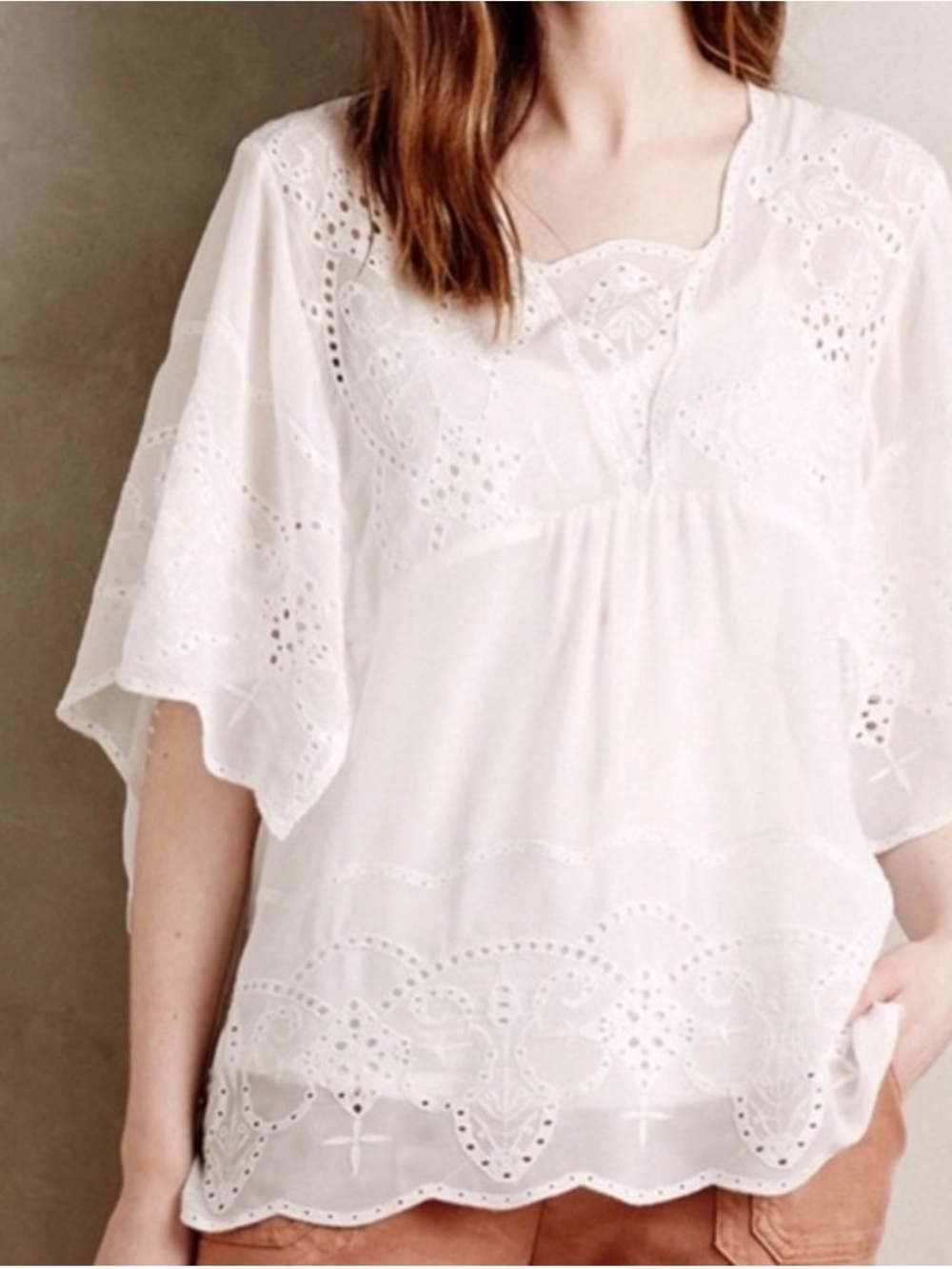 Anthropologie Meadow Rue White Eyelet Embroidered Boho Blouse Size XS